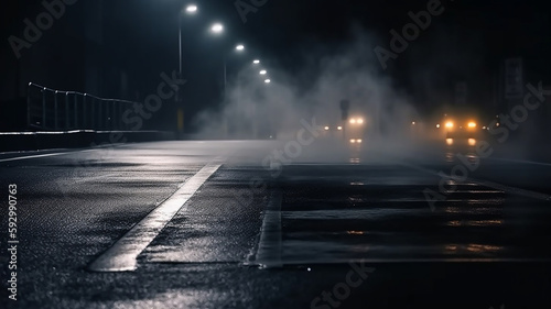 Wet asphalt reflection of neon lights a searchlight smoke