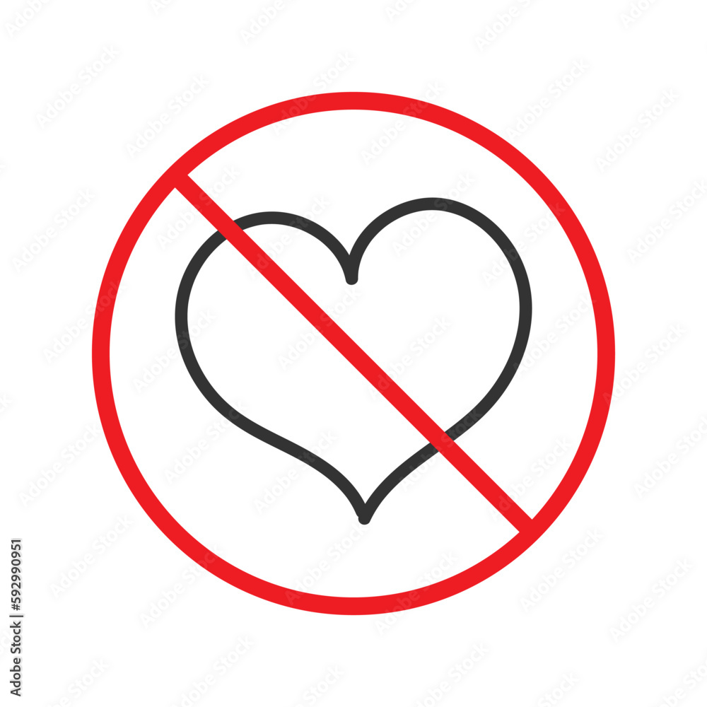 No heart icon. Forbidden heart vector sign. Warning, caution, attention, restriction, danger flat sign design. No love symbol pictogram. UX UI icon No heart icon. Forbidden heart vector sign. Warning, caution, attention, restriction, danger flat sign design. No love symbol pictogram. UX UI icon