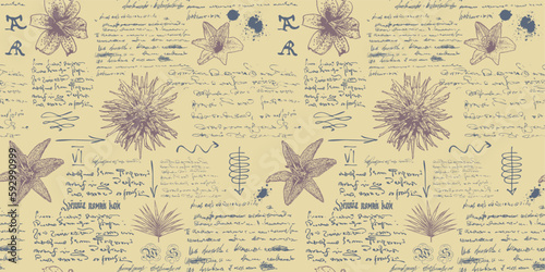 vector image of a seamless textural background in the style of notes from the diary of a botanist with sketches, formulas and notes	
