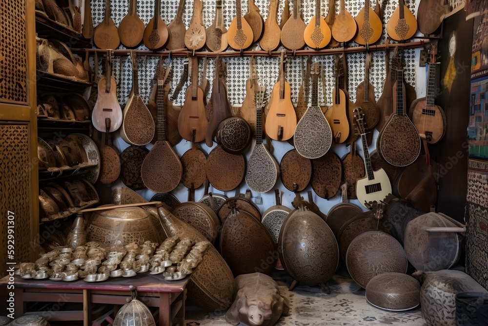 ..An array of traditional musical instruments in bustling Fes, Morocco.