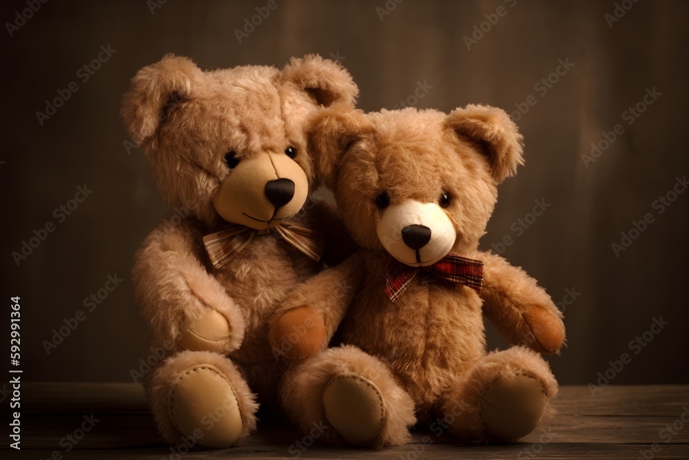 ..Two teddy bears show the bond of friendship, connected by a single