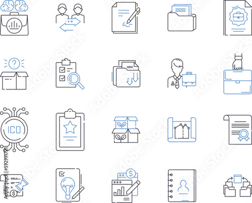 Document management outline icons collection. Document, Management, System, Records, Scanning, Capturing, Collaboration vector and illustration concept set. Repository, Access, Storage linear signs