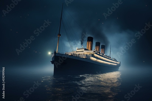 Leinwand Poster Titanic ship sailing on the night ocean with fog rising