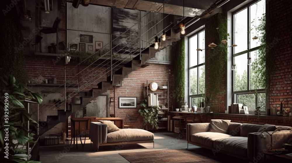 Living room loft in industrial style. Generative AI.