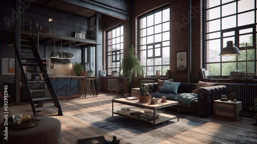 Living room loft in industrial style. Generative AI.