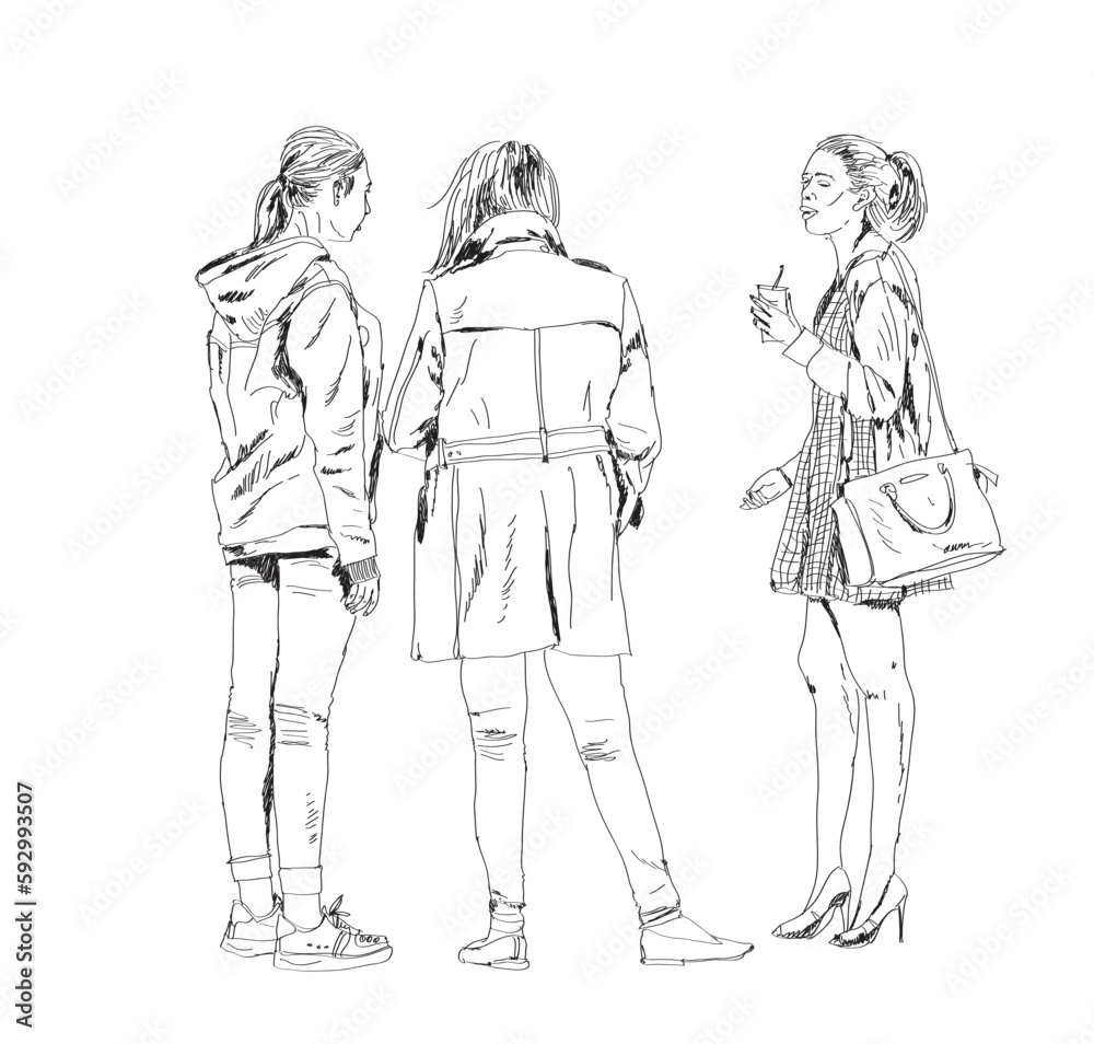 Obraz premium Sketch, group of young girls talking in the city. Collection of silhouettes for your project. 