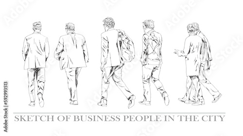 Sketch, group of business people walking in the city. Collection of silhouettes for your project. Back view
