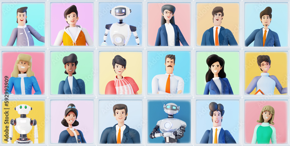 Portraits of business people and robots. Characters smiling to camera. Online conference, video chat concept. 3D rendering illustration