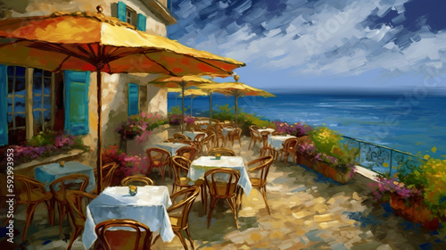 Seaside cafe or restaurant with view over the sea  tables  chairs  nobody  AI generative illustration