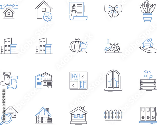 Remodeling and renovation outline icons collection. Remodelling, Renovation, Refurbishment, Reconstruction, Redesign, Restoration, Updating vector and illustration concept set. Modernizing
