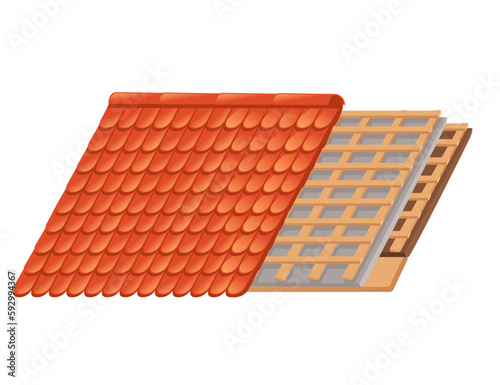 Home roof from red ceramic tiles and insulation vector illustration on white background