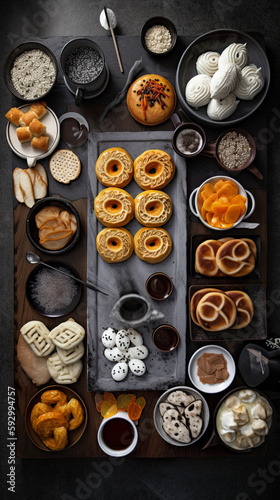 Korean sweets, flat lay, top view assorted cookies and traditional desserts, AI generative overhead view of knolling arrangement © Friedbert