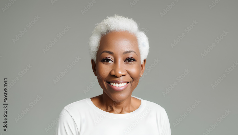 Black African American mature senior woman portrait with grey middle wavy hair hairstyle on empty grey background. Copy space for product placement. Generative AI Black African American mature senior woman portrait with grey middle wavy hair hairstyle on empty grey background. Copy space for product placement. Generative AI