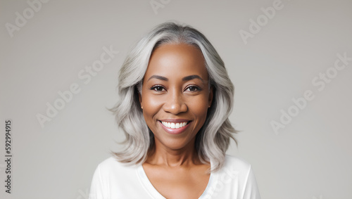 Black African American woman portrait with white middle wavy hair hairstyle on empty grey background. Copy space for product placement. Generative AI
