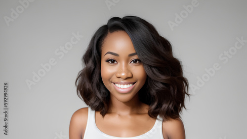 Black African American young woman portrait with brown middle wavy hair hairstyle on empty grey background. Copy space for product placement. Generative AI