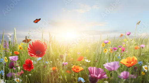 A butterfly flying in a flowery field, created with Generative AI