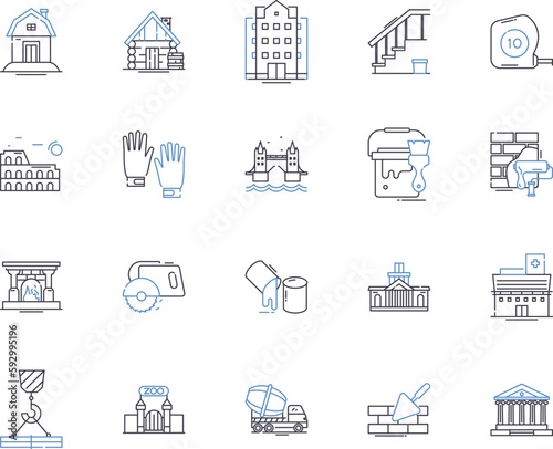 Realty and building outline icons collection. Realty, Building, Estate, Property, Land, Investment, Construction vector and illustration concept set. House, Home, Mortgage linear signs