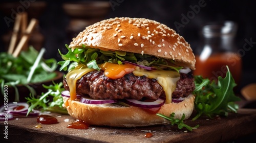 Traditional handmade burger with meat, cheese, lettuce, dressing and bread, close-up. Generative AI.