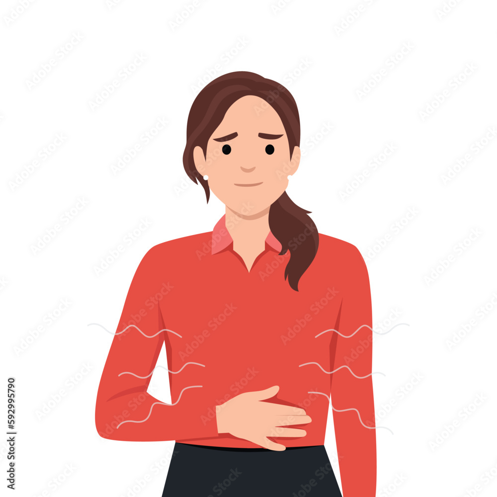Young woman holding her stomach hungry and need food. Fasting for diet Young woman holding her stomach hungry and need food. Fasting for diet