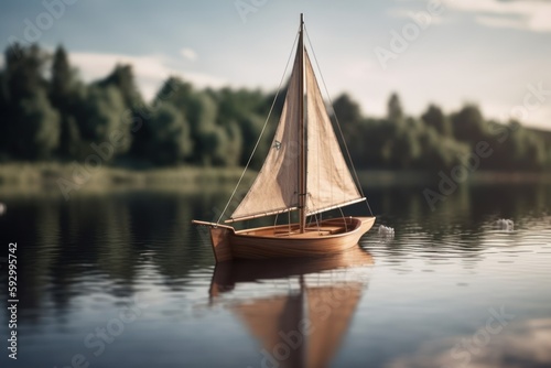 Wooden sailboat on a lake. Vintage style toned picture, Generative AI