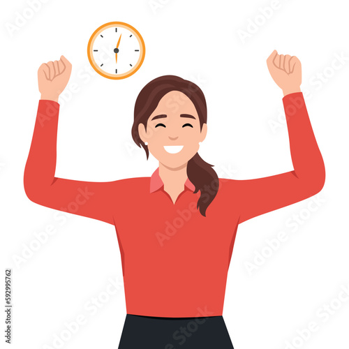 Successful time management and alarm concept. Young smiling woman cartoon character standing showing alarm clock