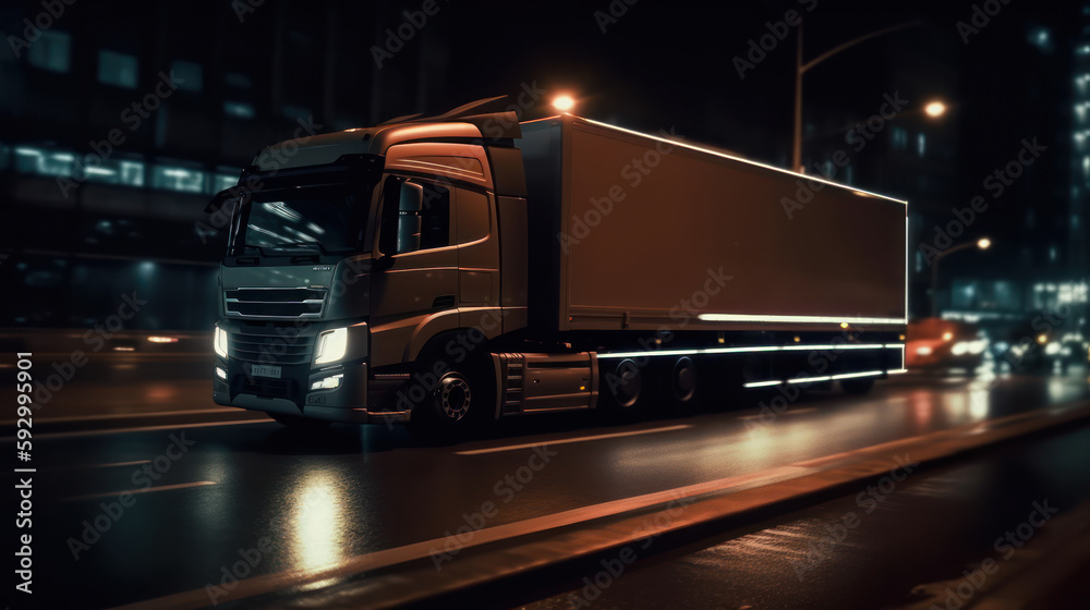 Truck on the road at night. Cargo transportation. Generative AI