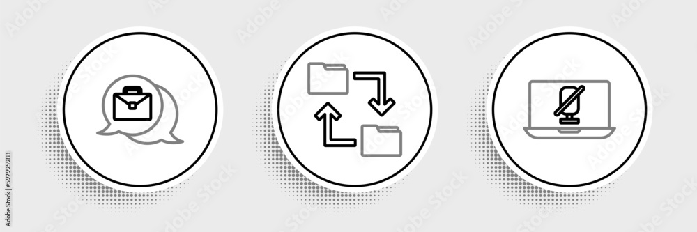 Set line Mute microphone on laptop, Online working and Cloud storage document folder icon. Vector Set line Mute microphone on laptop, Online working and Cloud storage document folder icon. Vector