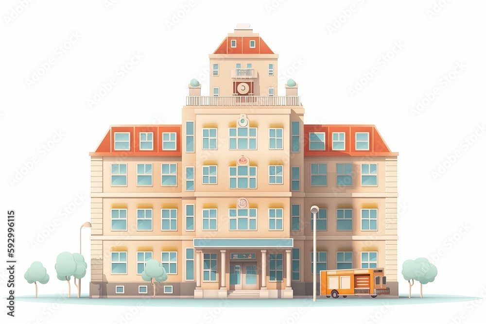 Cute cartoon hospital building on white background generative ai