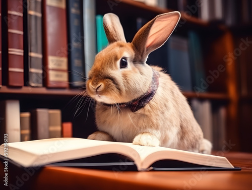Cute rabbit with book about bedtime stories in library.