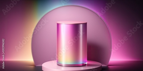 Abstract simple scene with a pink background  an empty stage  a podium in the shape of a cylinder  and rainbow crystal light sparkles. Presentation pedestal for mockups of cosmetic  Generative AI