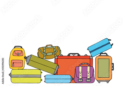 Many different and colorful suitcases, bags and suitcases on a white background. Travel and tourism. Copy space. Hand Drawn. Freehand drawing. Doodle. Sketch. Outline.
