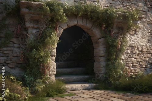 Stone arch entrance wall stone grape vine arch garden from generative ai