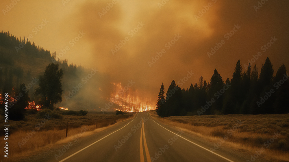 Road going through a wildfire, climate change