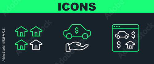 Set line Online real estate, Real and Car rental icon. Vector