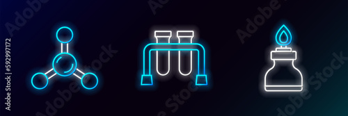 Set line Alcohol or spirit burner, Molecule and Test tube icon. Glowing neon. Vector