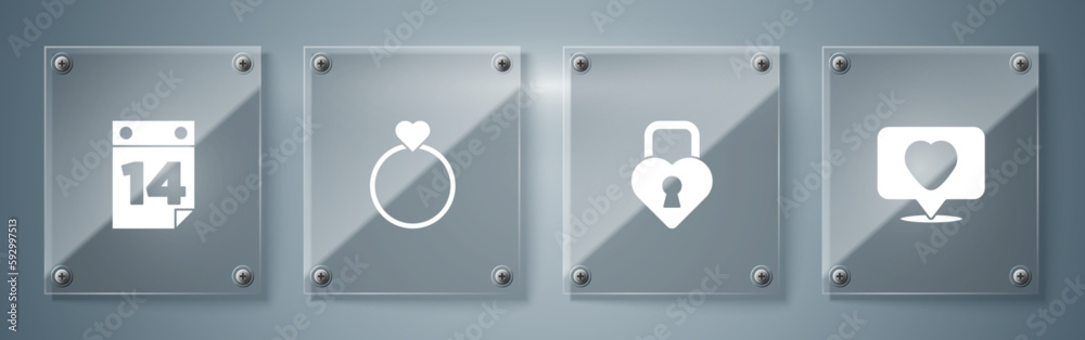 Set Like and heart, Castle in the shape of, Wedding rings and Calendar with February 14. Square glass panels. Vector Set Like and heart, Castle in the shape of, Wedding rings and Calendar with February 14. Square glass panels. Vector