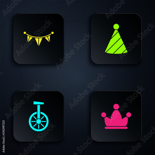 Set Jester hat with bells, Carnival garland flags, Unicycle or one wheel bicycle and Party. Black square button. Vector