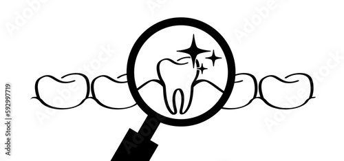 For dental day, dentists day. Cartoon healthy, magnifying glass showing tooth in-gums. Vector drawing icon. Damage teeth or tooth with caries and with roots visible. Cracked, damaged logo