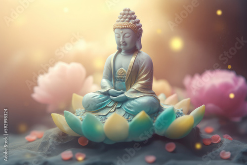 Buddha meditating on lotuses  generative AI