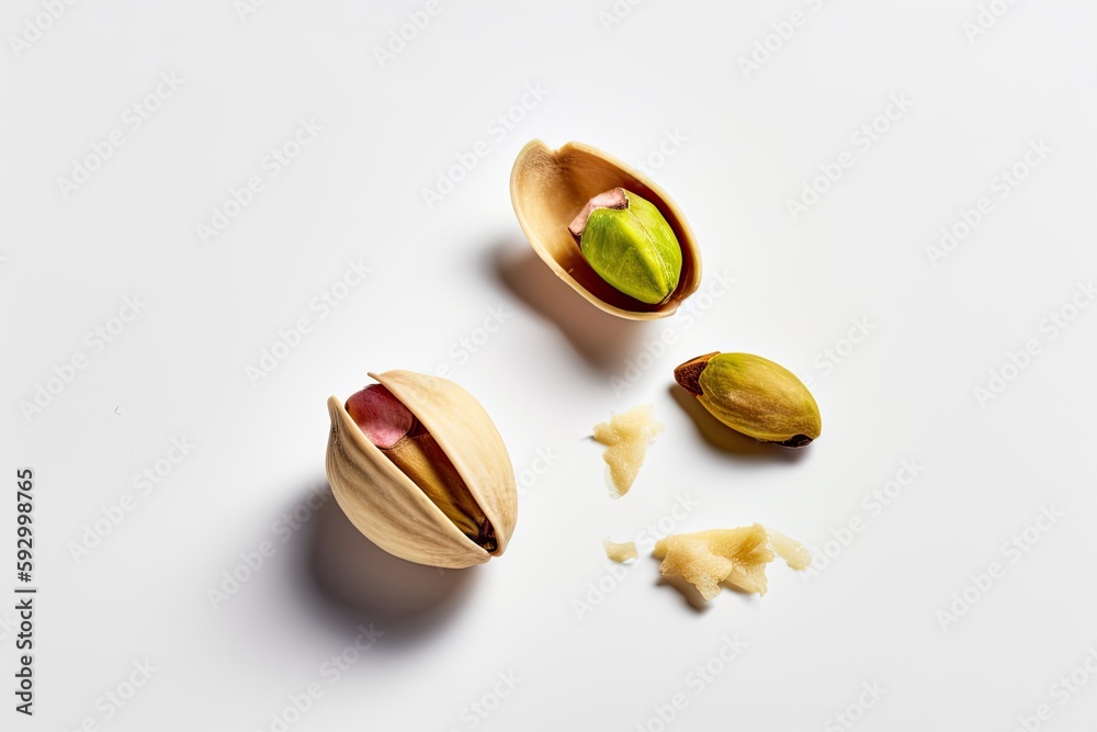 Peeled pistachio nuts isolated on a white backdrop. checking up. Generative AI Peeled pistachio nuts isolated on a white backdrop. checking up. Generative AI