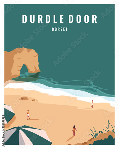 Travel poster Durdle Door at Dorset, England, United Kingdom. Vector Illustration in colored style suitable for poster, greeting card, postcard.
