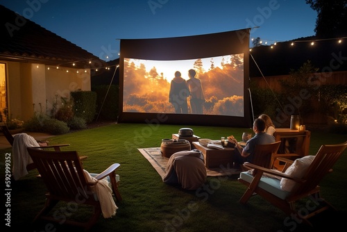 Cozy Outdoor Movie Night Setup, Large Projector Screen, Comfortable Seating, Immersive Audio.