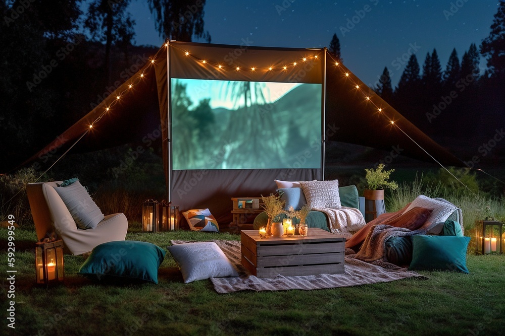 Cozy Outdoor Movie Night Setup, Large Projector Screen, Comfortable
