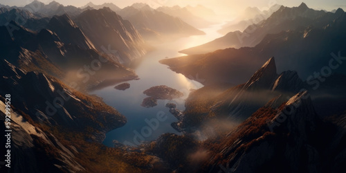 Aerial view of majestic Norway Fjord with scenic mountains and sea. View of the Himalayas during a foggy sunset night. Generative Ai
