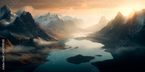 Aerial view of majestic Norway Fjord with scenic mountains and sea. View of the Himalayas during a foggy sunset night. Generative Ai © Landscape Planet