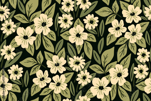 Seamless floral pattern  cute natural print with hand drawn botany. Beautiful botanical surface design with simple small flowers  large green leaves on a dark background. Vector illustration.