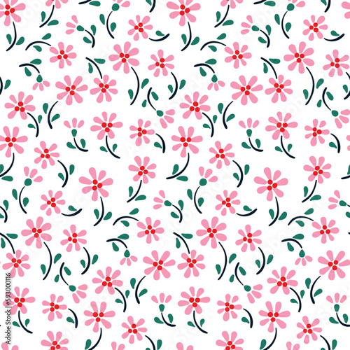Seamless floral pattern, liberty ditsy print with tiny cute chamomiles. Pretty botanical design for fabric, paper: small hand drawn flowers, leaves on a white background. Vector illustration.