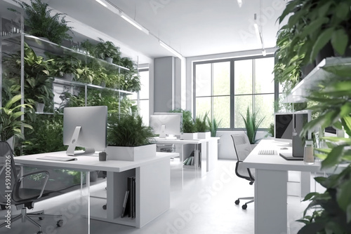 Modern eco friendly office with plants, high tech eco workspace,Generative AI