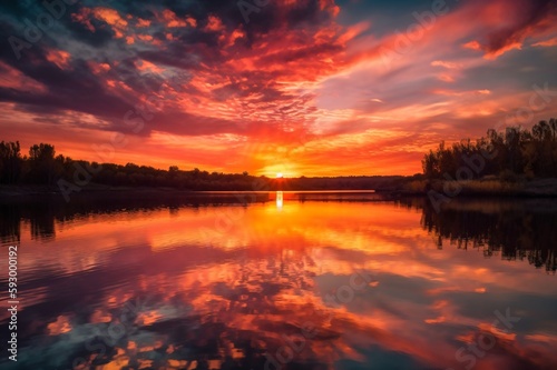 the sunset and the colorful sky reflected in the smooth surface of a lake created with Generative AI technology