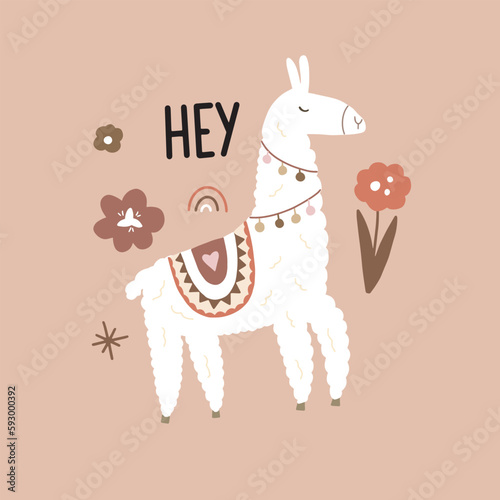 Cute vector poster with llama surrounded by tropical plants in bright color in boho style for your design